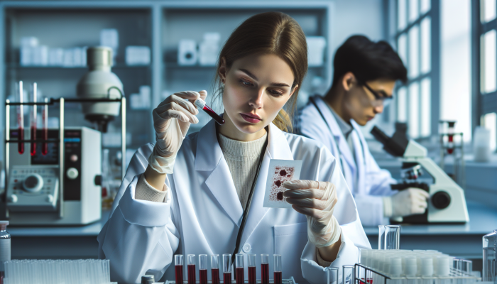 A scientist analyzing a dried blood spot on a card in a lab, surrounded by medical equipment.