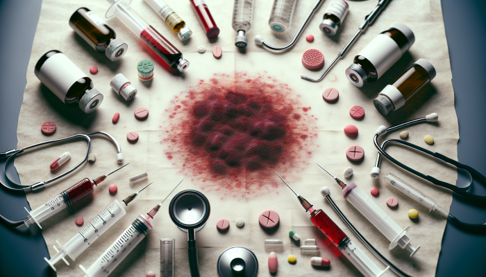 A close-up of a dried blood spot on filter paper, used for monitoring therapy and adjusting medication dosages.