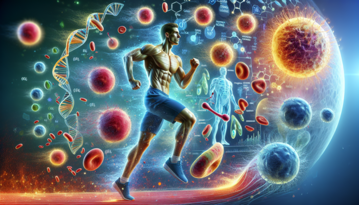 Zinc atoms boosting an athlete's immune system with T lymphocytes and natural killer cells during intense training.