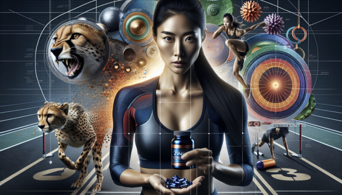 An athlete with a zinc supplement, surrounded by immunity and performance symbols on a dynamic sports background.