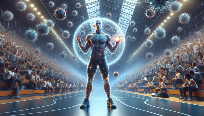 Athlete in crowded gym with protective gear, surrounded by pathogens, shielded by strong immune system.