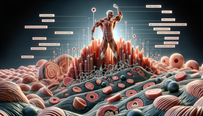 Long-Term Benefits of HMB: Cross-section of muscle fibers showing HMB's role in reducing protein breakdown and enhancing synthesis during resistance training.