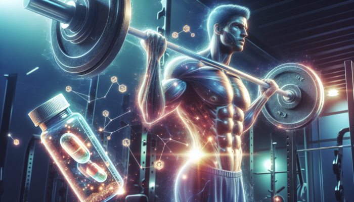 Person lifting weights in gym, with 3g HMB supplement bottle, showing muscle growth.
