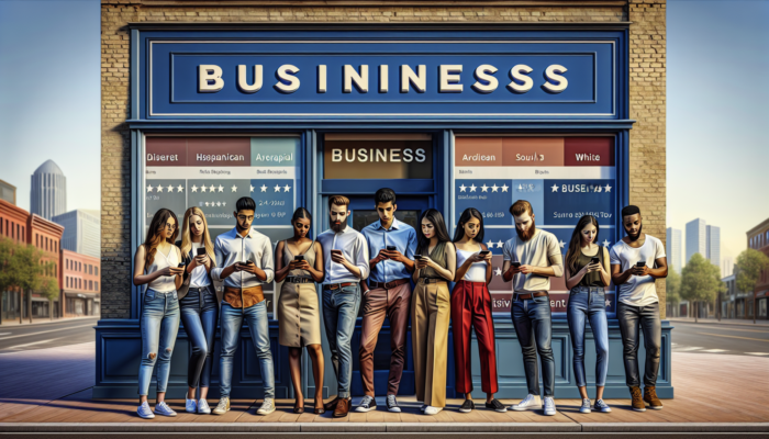 Young adults using smartphones to read Google Reviews, showing trust and satisfaction in an urban setting.