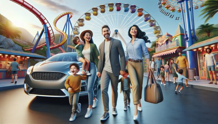 A family in a sleek rental car arrives at a vibrant theme park, excited for adventures.