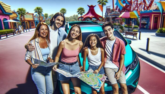 A family planning their theme park visit around a colorful rental car with maps and brochures.