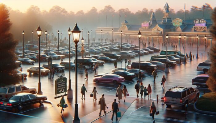A theme park parking lot at dawn with diverse vehicles, clear signage, and visitors with maps walking to the entrance.