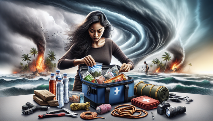 Individual assembling a survival kit with critical items such as water, food, first aid supplies, and tools against a backdrop of natural disaster.