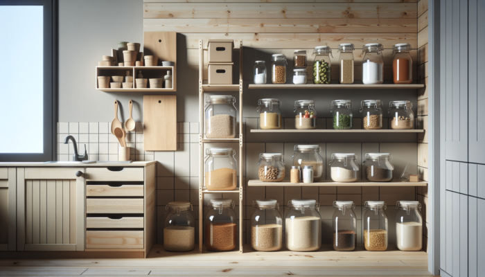 Minimalist kitchen showcasing budget-friendly food storage solutions for preppers, featuring labeled mason jars, stackable containers, and DIY shelving.