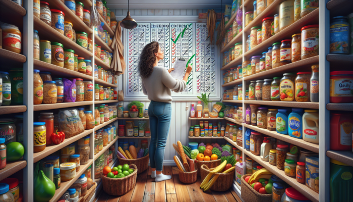 An organized pantry displaying labeled food items, with newer items at the back, while a person checks expiration dates using a checklist.