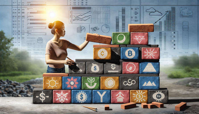 Smart Budgeting for Debt Consolidation Costs: Effective Strategies Unveiled | DCL A person building a foundation with bricks labeled as budgeting fundamentals, against a clear financial landscape.