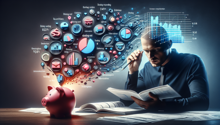 Smart Budgeting for Debt Consolidation Costs: Effective Strategies Unveiled | DCL Person reviewing expenses on spreadsheet, highlighting dining out and subscriptions, with growing piggy bank in background.