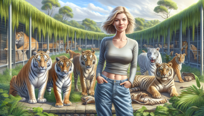 Carole Baskin with tigers and lions at Big Cat Rescue, surrounded by lush greenery, symbolizing hope and freedom.