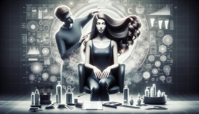 Woman in salon chair getting ready for wavy perm, surrounded by styling tools.