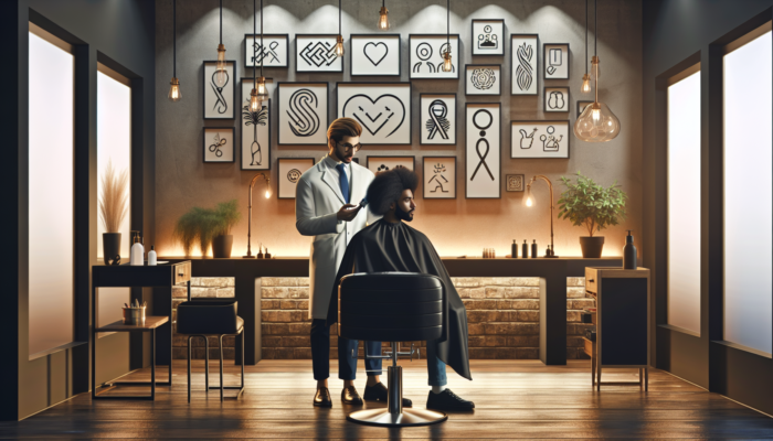 A cozy salon with a stylist consulting a client about a wavy perm, surrounded by positive reviews and photos.