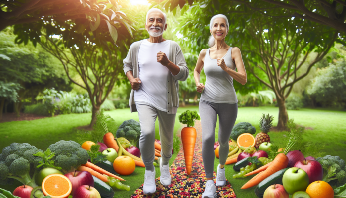 Multivitamins for Active Seniors: An active senior couple jogging in a vibrant park, surrounded by fruits, vegetables, and multivitamins.