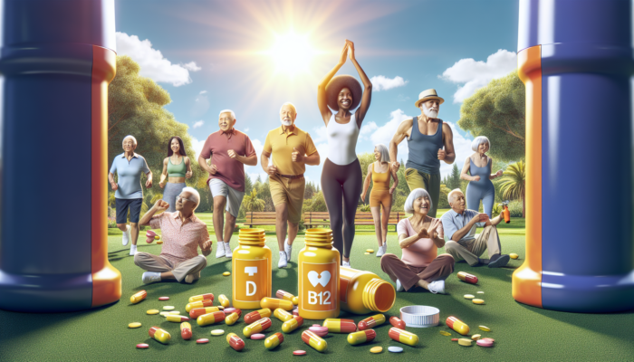Active seniors exercising in a park with multivitamin bottles showcasing Vitamin D, B12, and Calcium.