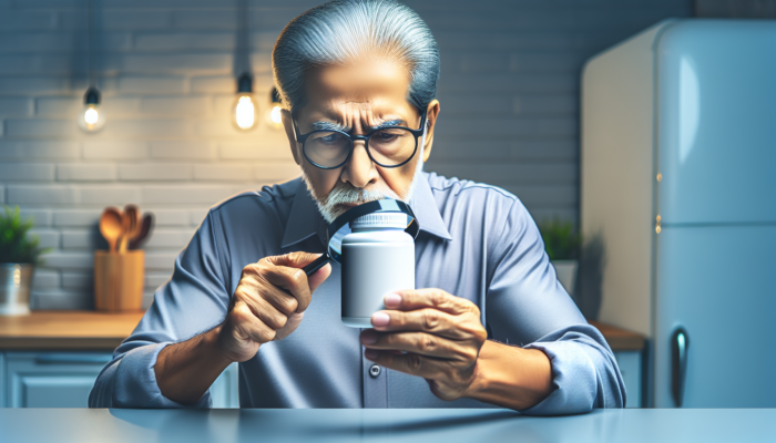 A senior using a magnifying glass to read multivitamin label in a cozy kitchen.