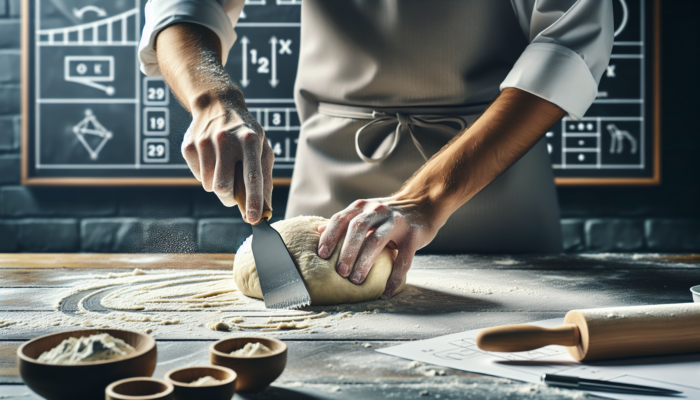 A baker using a dough scraper to expertly handle sticky dough on a flour-dusted table.