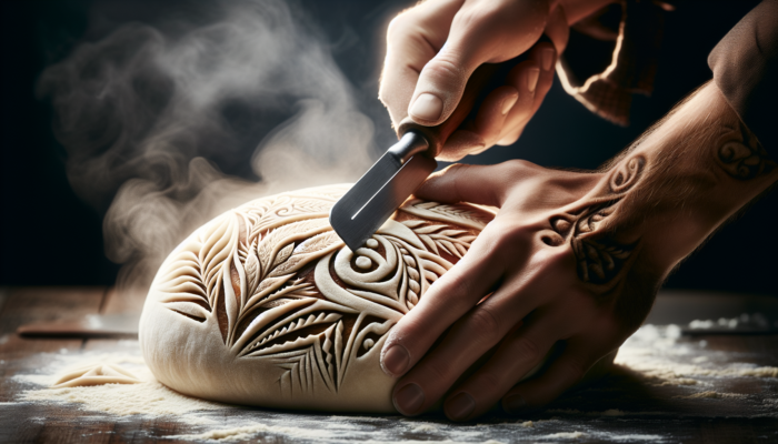 A baker scoring dough with a bread lame, creating intricate patterns as steam escapes, enhancing texture.