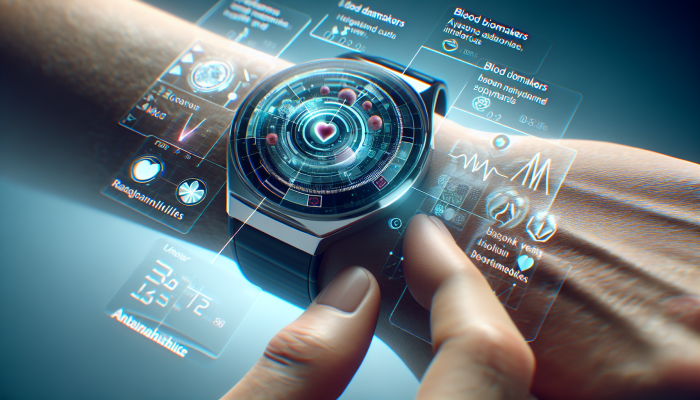 Wearable Blood Test Technology: Smartwatch on wrist with futuristic interface displaying real-time health data and blood biomarker graphs.