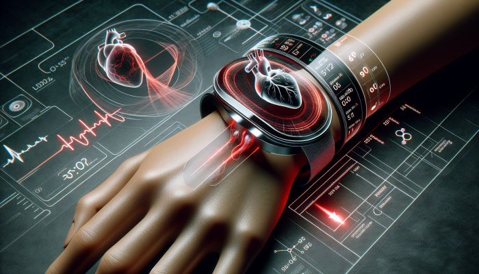 A futuristic wearable on a wrist showing biometric data, connected to a smartphone, with a blood flow diagram.