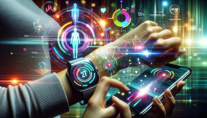 A futuristic smartwatch connected to a smartphone app displaying health metrics, trends, and personalized recommendations.