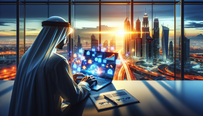 Person using laptop with Google's Keyword Planner, researching local SEO keywords, city skyline in background.