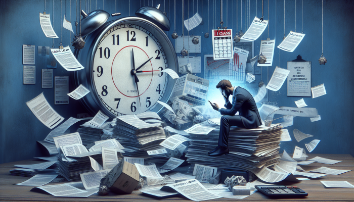 Bad Credit Consolidation Loans: Understanding Eligibility Criteria | DCL Person anxiously checking phone and calendar, surrounded by loan documents and ticking clock, awaiting loan approval.