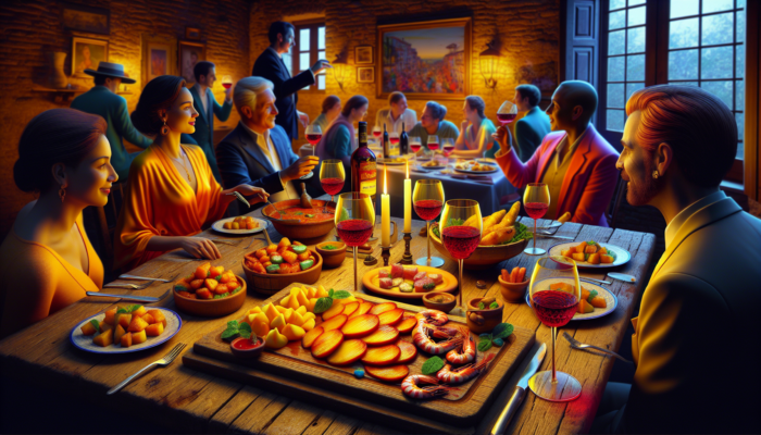 A colorful array of Spanish tapas including patatas bravas, gambas al ajillo, and jamón ibérico on a rustic table with wine and guests.