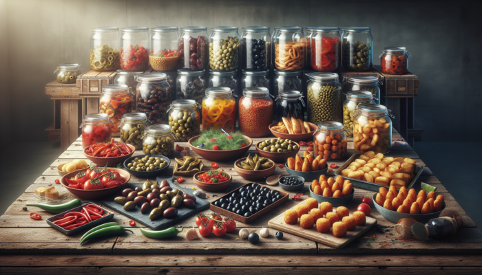 A vibrant spread of prepped tapas on a rustic table, with airtight containers in the background.