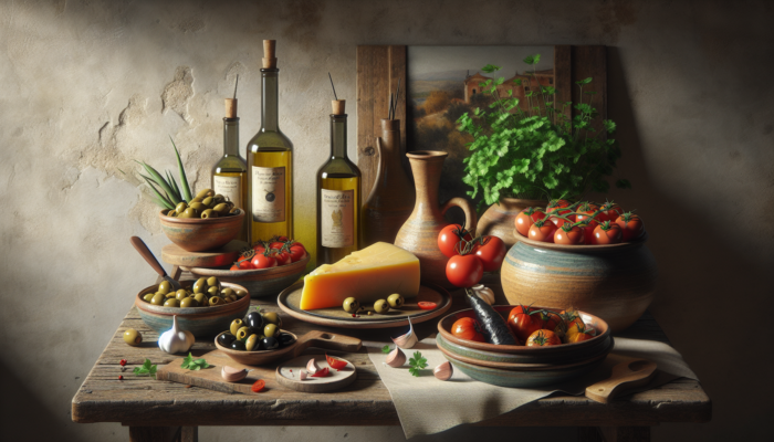 Bowls of olives, tomatoes, garlic, manchego cheese, fresh parsley, basil, olive oil, stuffed peppers, and chorizo slices on a rustic Spanish kitchen counter.