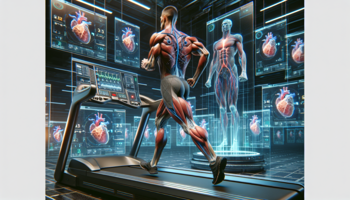 VO2 Max: Athlete running on treadmill in lab, with oxygen levels and heart rate monitors, muscle fibers and cardiovascular system highlighted.