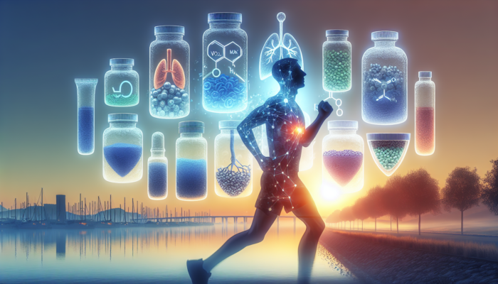 A person running a marathon at sunrise, with supplements focused on VO2 max enhancement.
