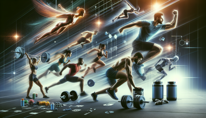 Athletes in a gym using supplements, following a periodized training schedule with varying intensity and volume, showing progress.