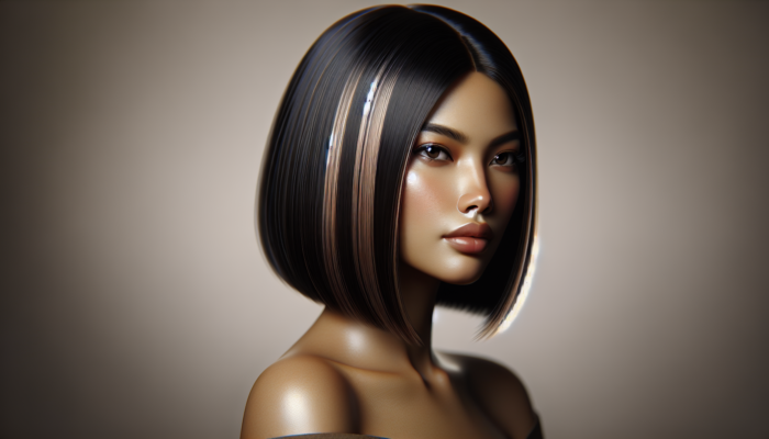 Woman with sleek, classic bob haircut, straight and blunt, with sun-kissed highlights, exuding timeless elegance.