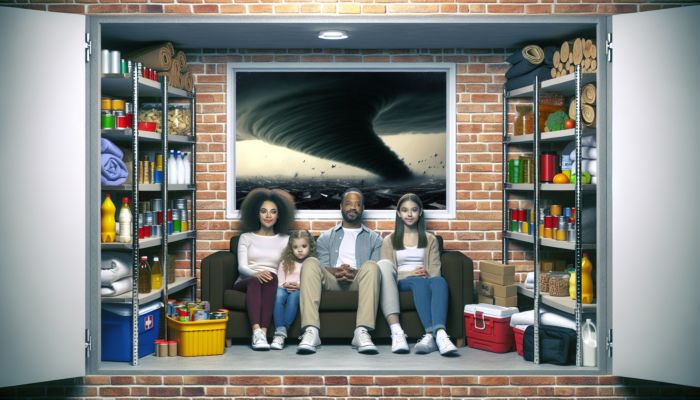 Family in a well-stocked tornado basement, safely waiting out a fierce tornado.