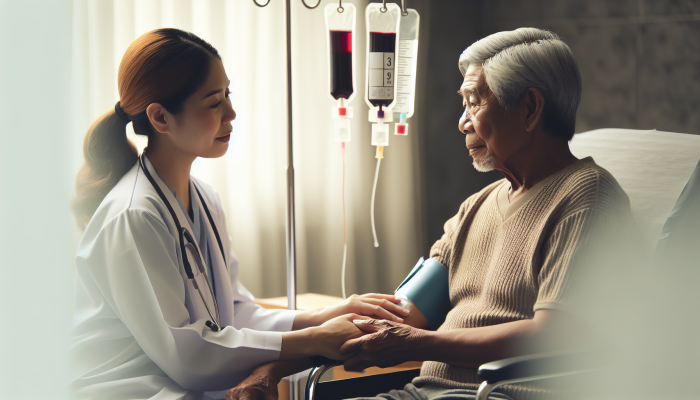 Elderly patient and caregiver discussing blood test procedure with diagram in a softly lit room.