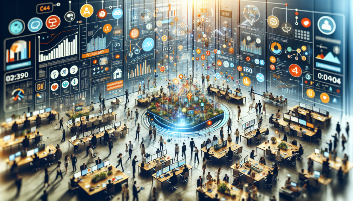 A digital dashboard displaying high views, moderate clicks, and customer actions in a bustling business environment.
