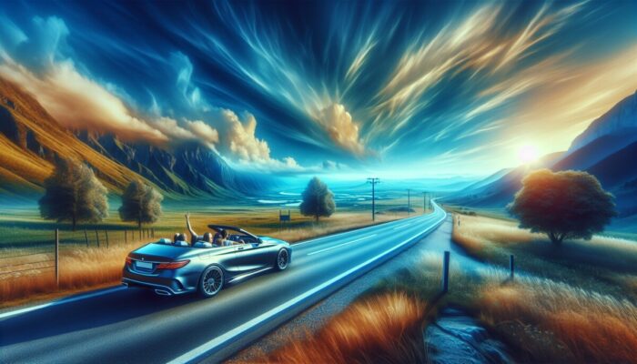 A scenic road trip in a car with an open sunroof, blue sky, and joyful passengers enjoying the breeze.