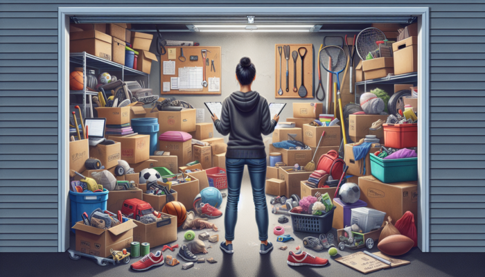 Clearing A UK Garage Cheaply: A cluttered garage with items marked for keeping, discarding, or donating during space assessment.