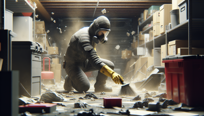 Person wearing gloves and mask, clearing dusty, cluttered garage, focusing on safety.