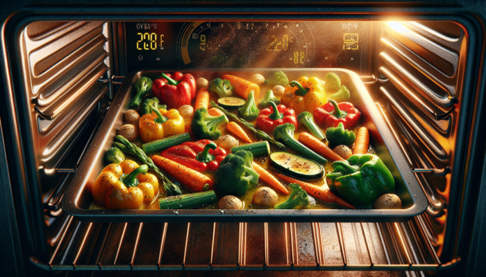 Colorful vegetables roasting at 220°C, coated in oil, salt, and pepper, caramelizing on a baking sheet.