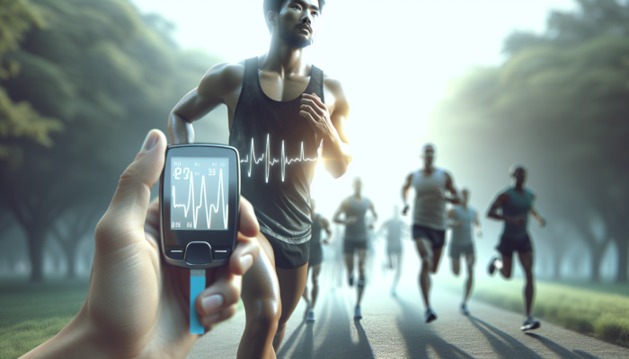An athlete with diabetes monitoring blood sugar during a marathon for stable glucose and enhanced performance.