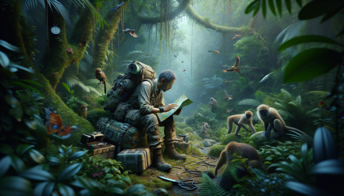 Individual in jungle consulting a map and compass, surrounded by diverse wildlife and dense foliage, with a well-planned itinerary.