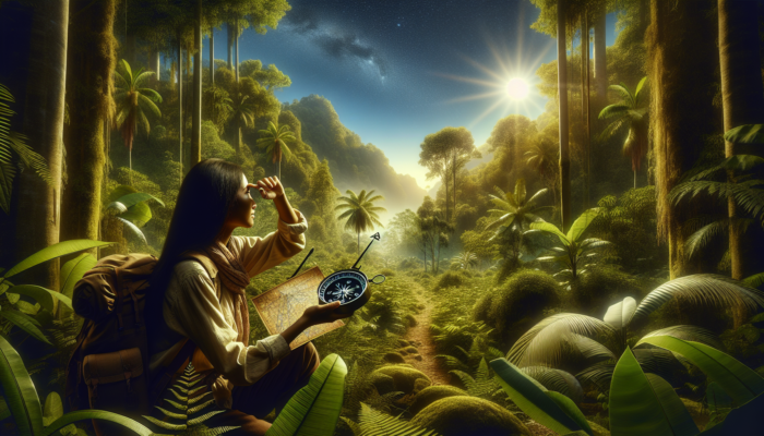 Individual in jungle utilising compass, sun, and North Star for navigation, surrounded by lush greenery.