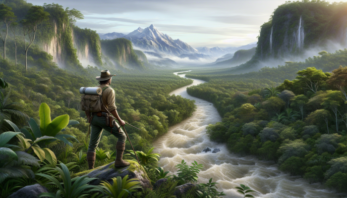 Navigator using a river and mountain as landmarks in a dense jungle, adapting to potential flooding and landslides.