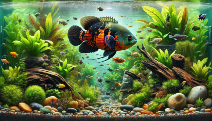 A vibrant aquarium with an Oscar fish, lush plants, colorful rocks, and clear water.