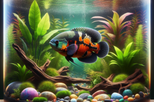 A vibrant aquarium with a healthy Oscar fish, lush plants, and colorful decorations.