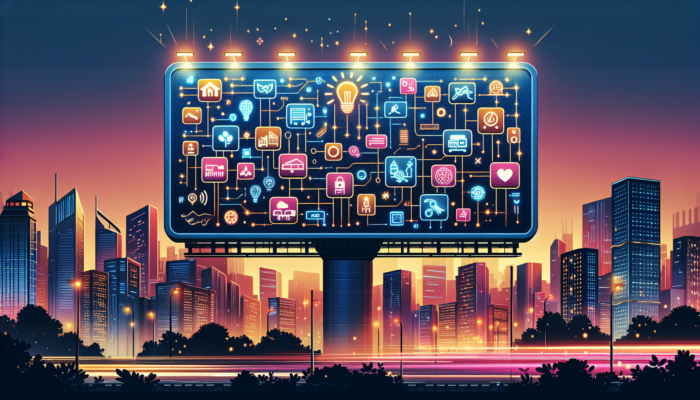A digital billboard showing a map with local businesses marked by schema markup icons in a city at twilight.